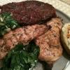 Grilled Chicken & Steak with seasoned Greens and Baked Potatoe